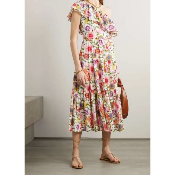 BORGO DE NOR Petra One Shoulder Ruffle Midi Linen Floral Dress Tuckernuck Small - Picture 4 of 15